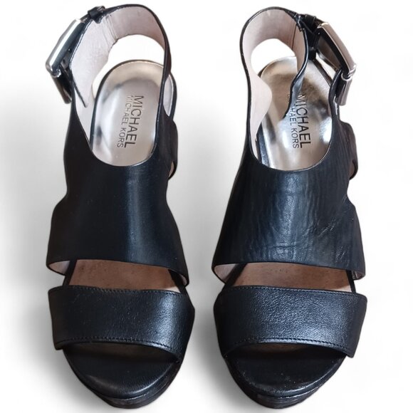 Michael Kors Carla Black Leather Platform Open Toe Cone Heels - Picture 3 of 16